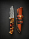 Hand-Forged Damascus Steel Drop Point Knife | Bocote Wood & Ruby Red Resin Handle | Leather Sheath TK-512