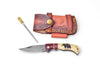Bear Engraved Damascus Folding Knife with Leather Sheath - TF-122