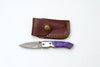 Handmade Damascus AmethystEdge Folding Pocket Knife with Purple Resin Handle & Leather Sheath | EDC Camping & Hunting Knife TF-004-P