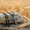 Black Hematite Cross Necklace, Etched Jesus Crucifix Pendant